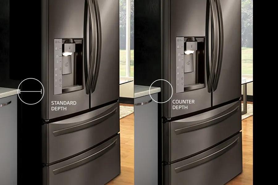 LG LRFLC2726S French Door Refrigerator comparison showing standard depth versus counter depth design in kitchen