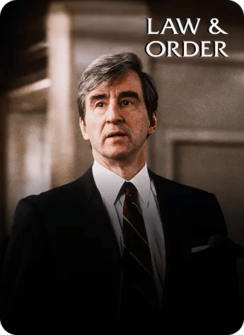 Law & Order title card with actor Sam Waterston as character DA Jack McCoy in a suit against a courtroom-style backdrop.