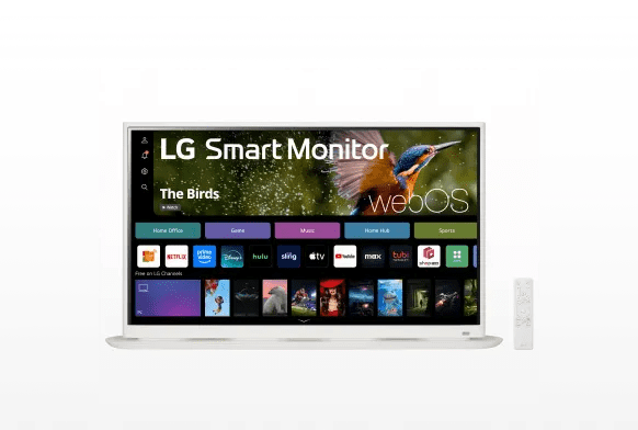 LG Smart Monitor 32SR70U-W on white background with remote displays webOS interface.