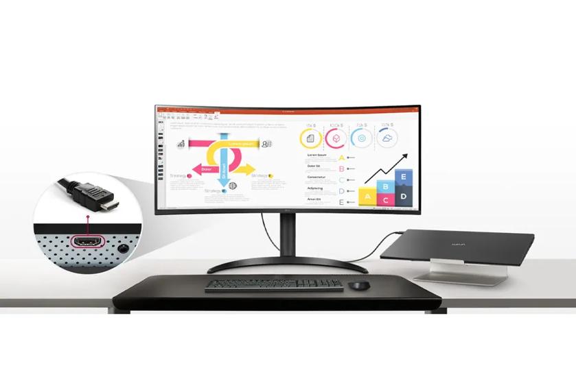 A workspace with a curved monitor showing a presentation, a keyboard and mouse on a desk, and a tablet on a stand connected to the monitor.