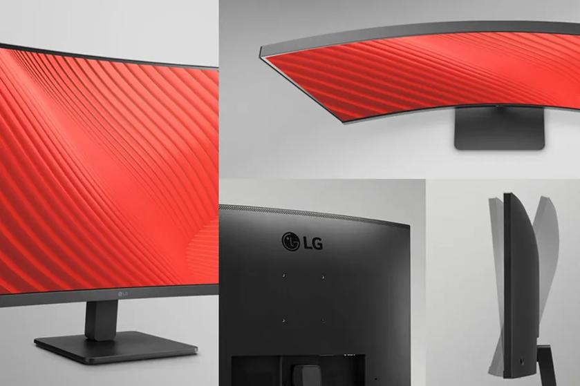 Collage of an LG curved computer monitor with red graphic display.