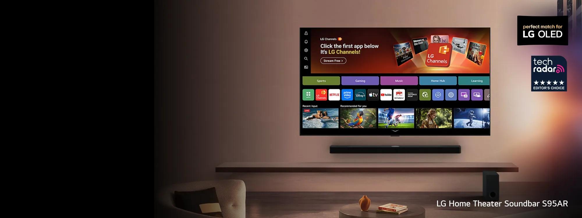 An LG TV  equipped with a matching soundbar displays various content options as a man and woman look on. “Perfect match for LG OLED” and “Tech Radar Editor’s Choice” badges. Text below reads “LG Home Theater Soundbar S95AR”.