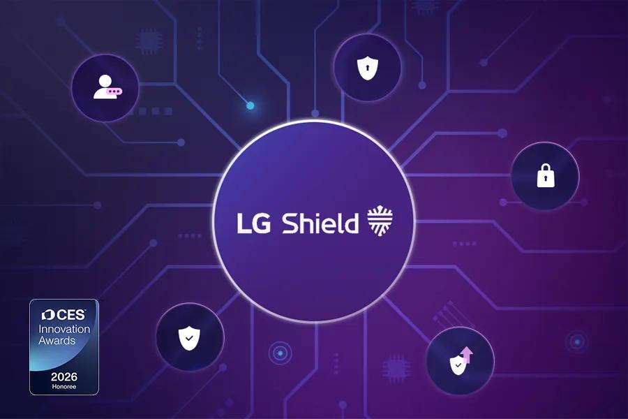 27U511SB-W LG SmartMonitor with LG Shield security feature infographic showing connected protection icons