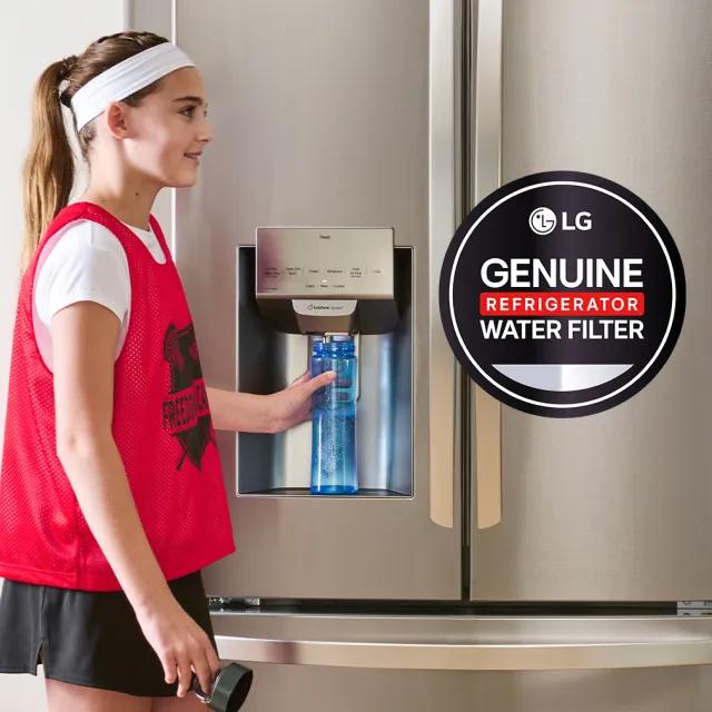 Girl is sports gear fills water bottle under fridge dispenser. “LG Genuine Refrigerator Water Filter” badge.