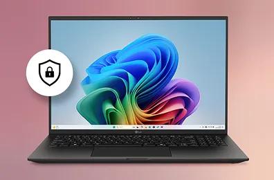 LG Laptop with Window Copilot with a lock with shield badge, insuring powerful security.