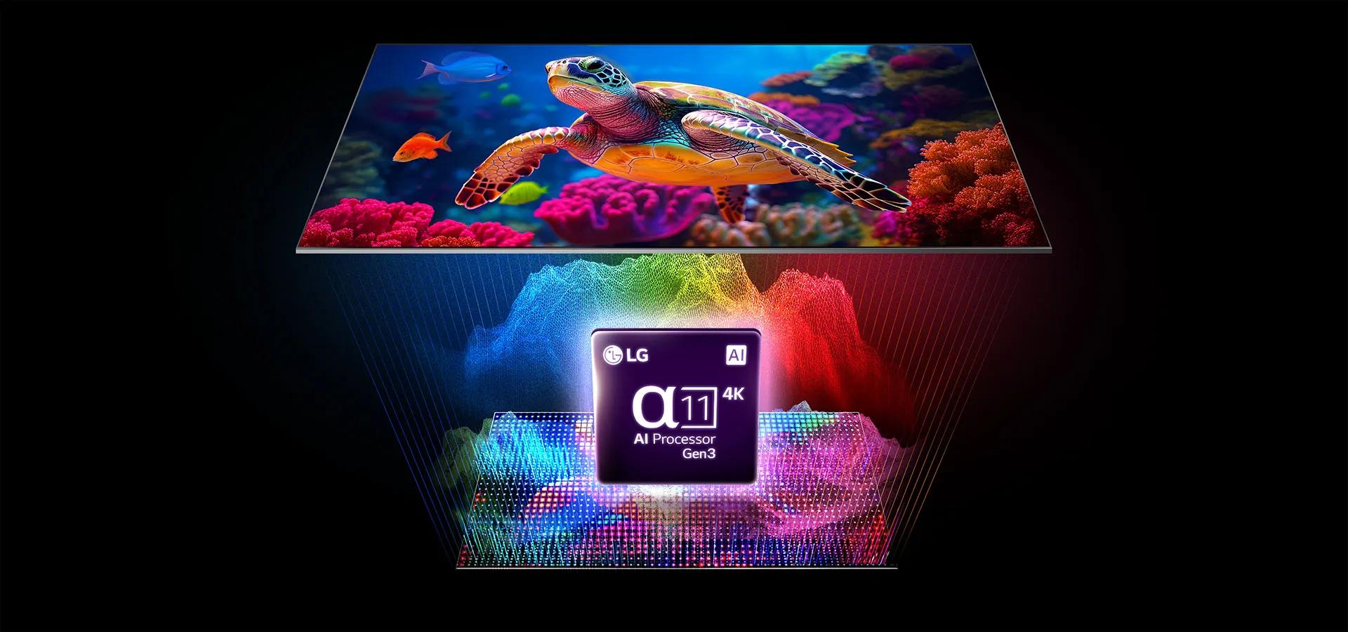 A visual showing vivid underwater imagery enhanced by the α11 AI Processor Gen3, illustrating AI-driven picture processing on LG Micro RGB evo TV.