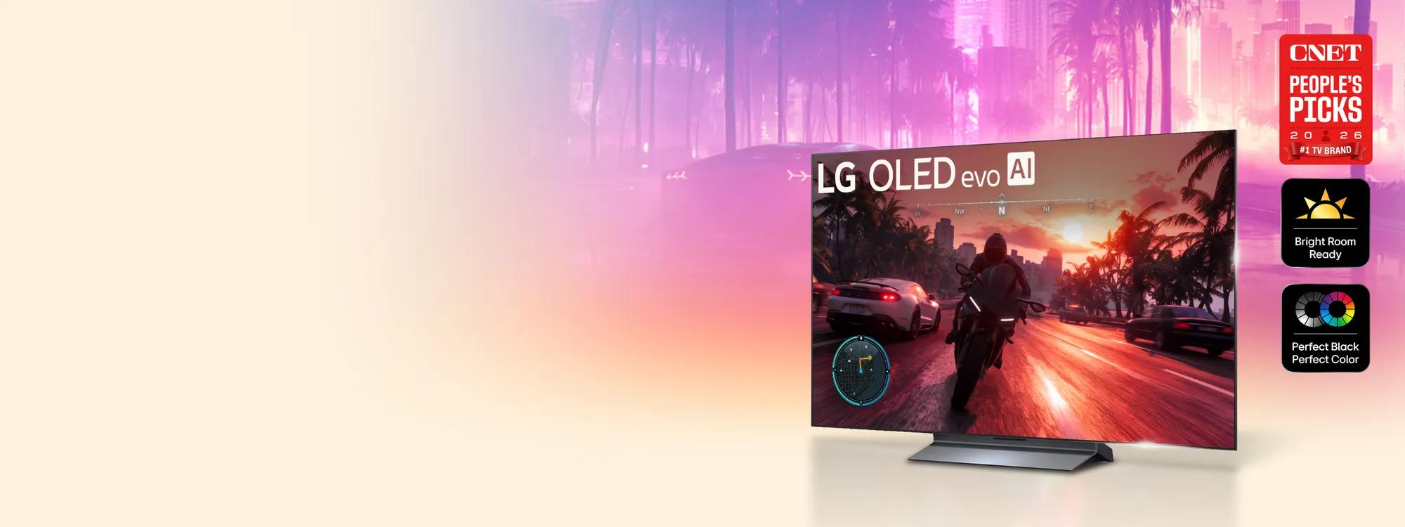 LG OLED evo AI TV displaying a video game scene with a motorcycle and sports car on a neon-lit road, with CNET People's Picks 2026 #1 TV Brand badge, Bright Room Ready badge, and Perfect Black Perfect Color badge visible on the right.