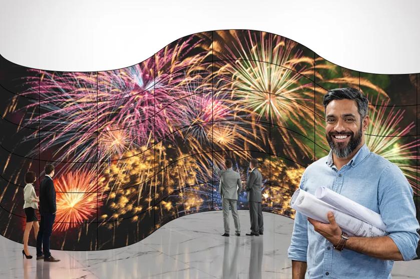 An engineer stands in front of a large curvable OLED display. Business people stand behind him, marveling at the display.