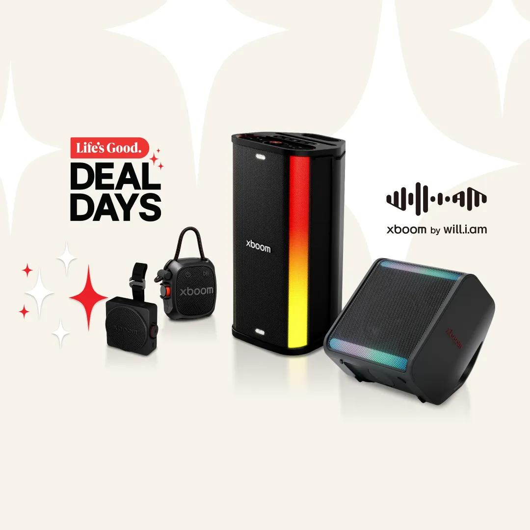 LG Deal Days promotional image featuring the LG XBOOM speaker lineup, including portable and tower speakers with LED lighting, and the XBOOM by will.i.am collaboration model.
