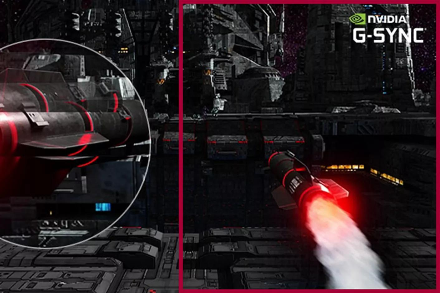 A spinning missile flies to the targets at great speed in a FPS game and the fast spinning movement of the missile captured by zooming to the larger view goes smoothly with G sync mode on in comparison to another scene with G sync mode off
