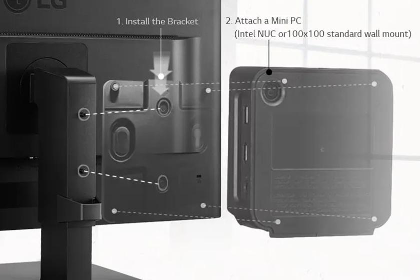 The image depicts an installation guide for attaching a mini PC to a monitor stand. On the left, there is a dark-colored, rectangular bracket attached to the back of an LG monitor. Two arrows direct attention to key steps in the assembly process. The first arrow points to the top screw indicating where to install the bracket. To the right, a semi-transparent image of a mini PC is aligned next to the bracket. This mini PC has rounded corners and multiple ports visible on its side. Dashed lines and a second arrow show the position where the mini PC should be attached. The background consists of a pattern suggesting a bright window.