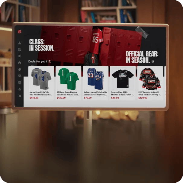 LG TV screen displaying a sports apparel shopping interface with the headline 'Class: In Session.' and personalized jersey deals.