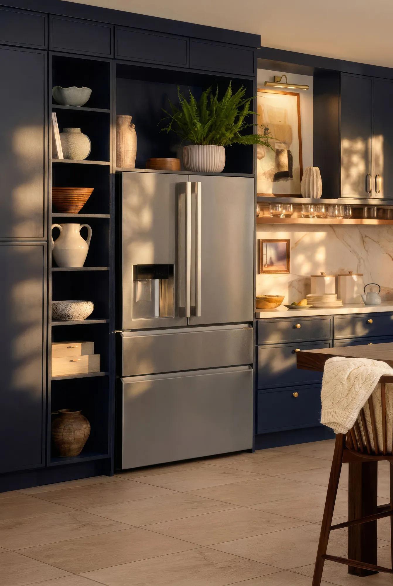 LG SIGNATURE stainless steel French door refrigerator built into navy cabinetry in a kitchen setting
