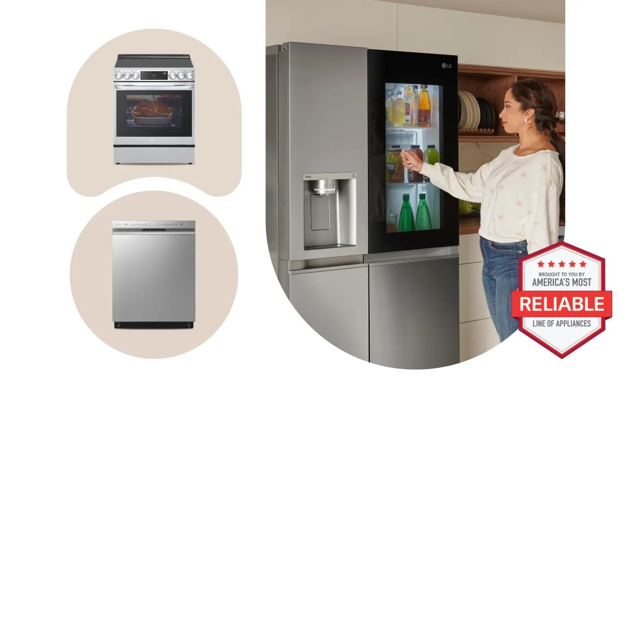 A woman stands beside a LG refrigerator and a microwave in a modern kitchen setting with an emblem, 'Brought to you by America's most reliable line of appliances'.