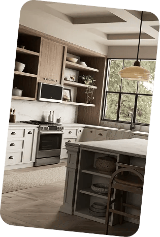 LG SIGNATURE appliances installed in a kitchen with open shelving, island, and large windows.