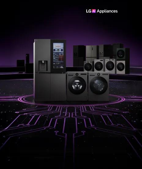 Lineup of LG home appliances including refrigerators, washing machines, dryers, and kitchen appliances displayed on a dark stage with a circuit board pattern floor.