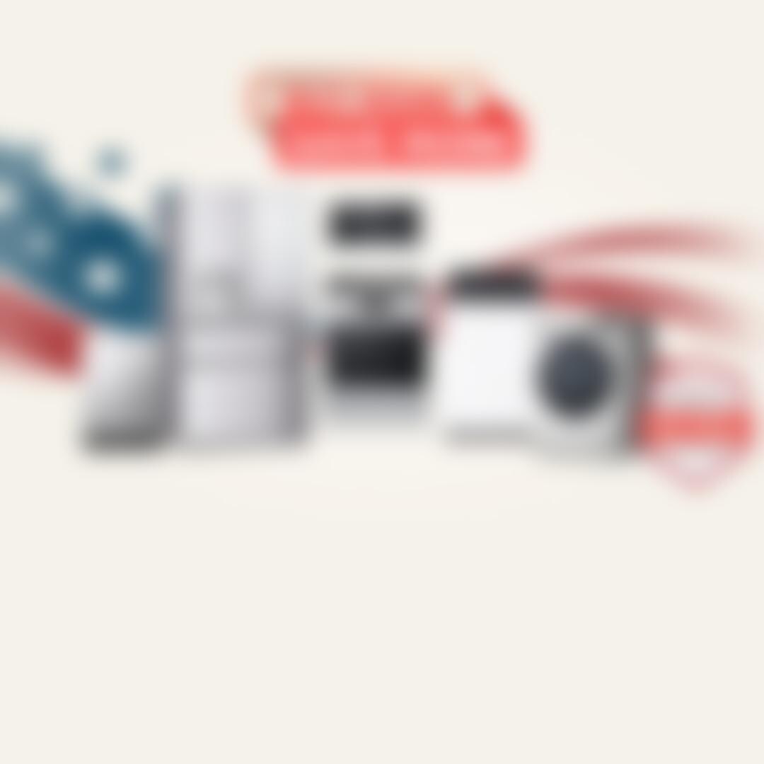 LG appliances lineup including a French door refrigerator, dishwasher, over-the-range microwave, electric range, top-load washer, and front-load washer/dryer with American flag graphic and text reading BUY MORE SAVE MORE, featuring Brought to You by America's Most Reliable Line of Appliances badge.