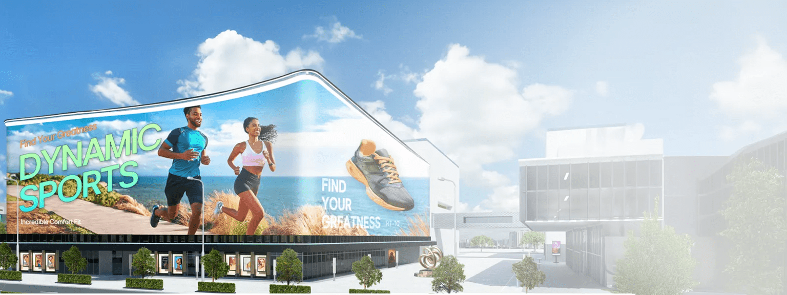 A large billboard featuring runners and a sports shoe advertisement on a modern city building.