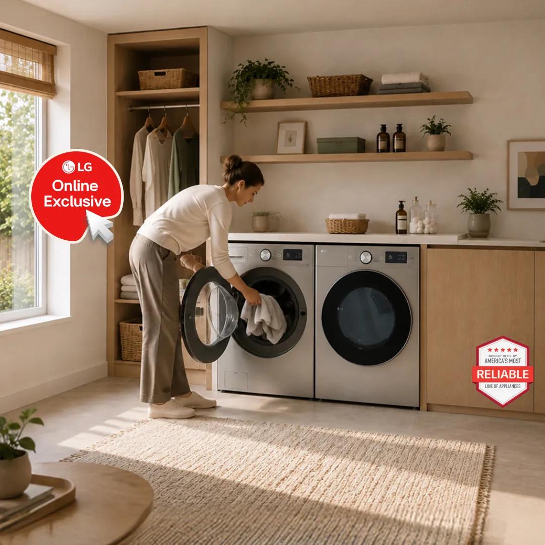 LG washer and dryer pair in a laundry room, person loading laundry into the washer, with LG Online Exclusive badge and America's Most Reliable Line of Appliances badge