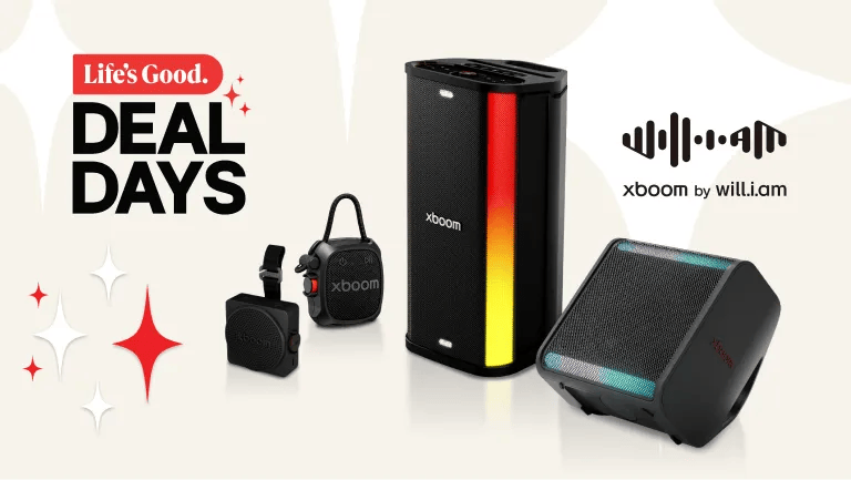 Life's Good. Deal Days -- LG xboom portable speakers lineup including compact clip-style speakers and a tall tower speaker with light bar, alongside an xboom by will.i.am monitor speaker