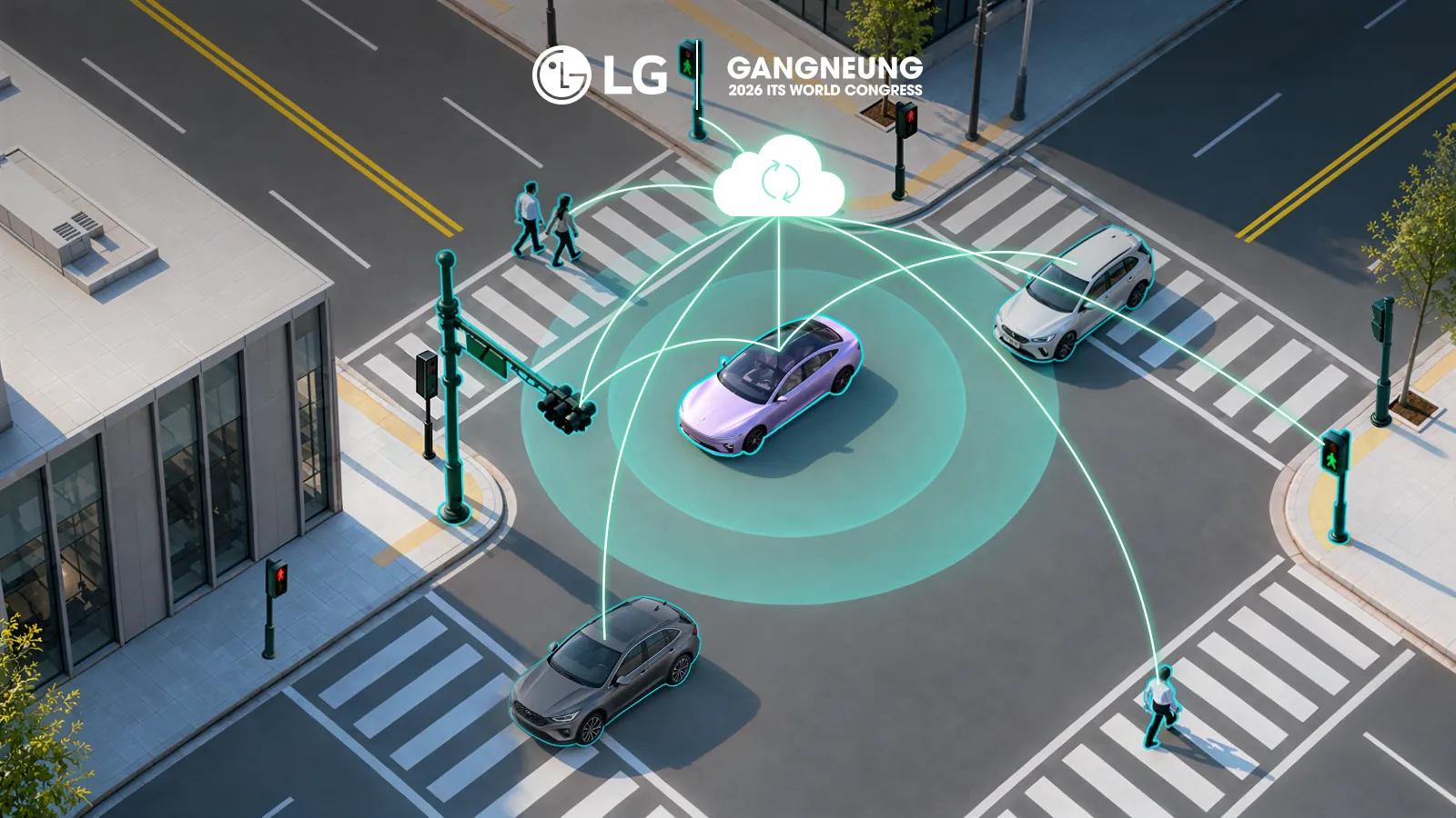 Illustration of a city intersection where glowing lines link cars, pedestrians and traffic signals to a cloud, showing vehicle-to-everything (V2X) communication. LG and Gangneung 2026 ITS World Congress logos.