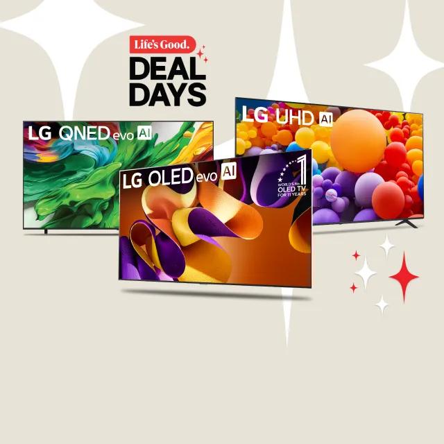 “Life’s Good Deal Days” title  badge. An OLED, QNED and UHD TV on a beige background.