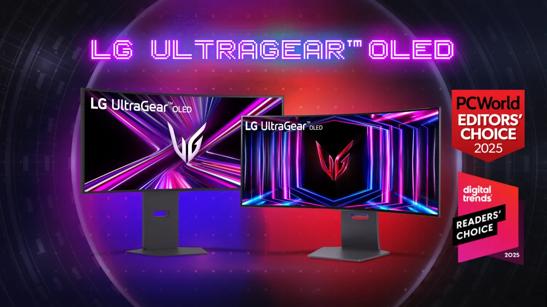 ”LG UltraGear OLED” title badge.  An UltraGear OLED Monitor appears on a purple background. “PCWorld Editors’ Choice 2025” badge. “Digital Trends Readers’ Choice 2025” badge. 