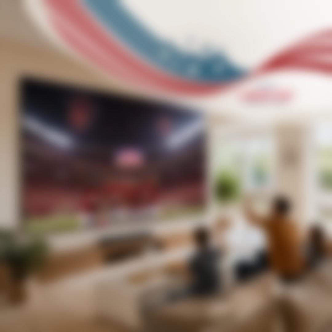 LG large-screen TV displaying a football celebration in a living room with family watching, Soundbar below screen. Labor Day Savings Event.