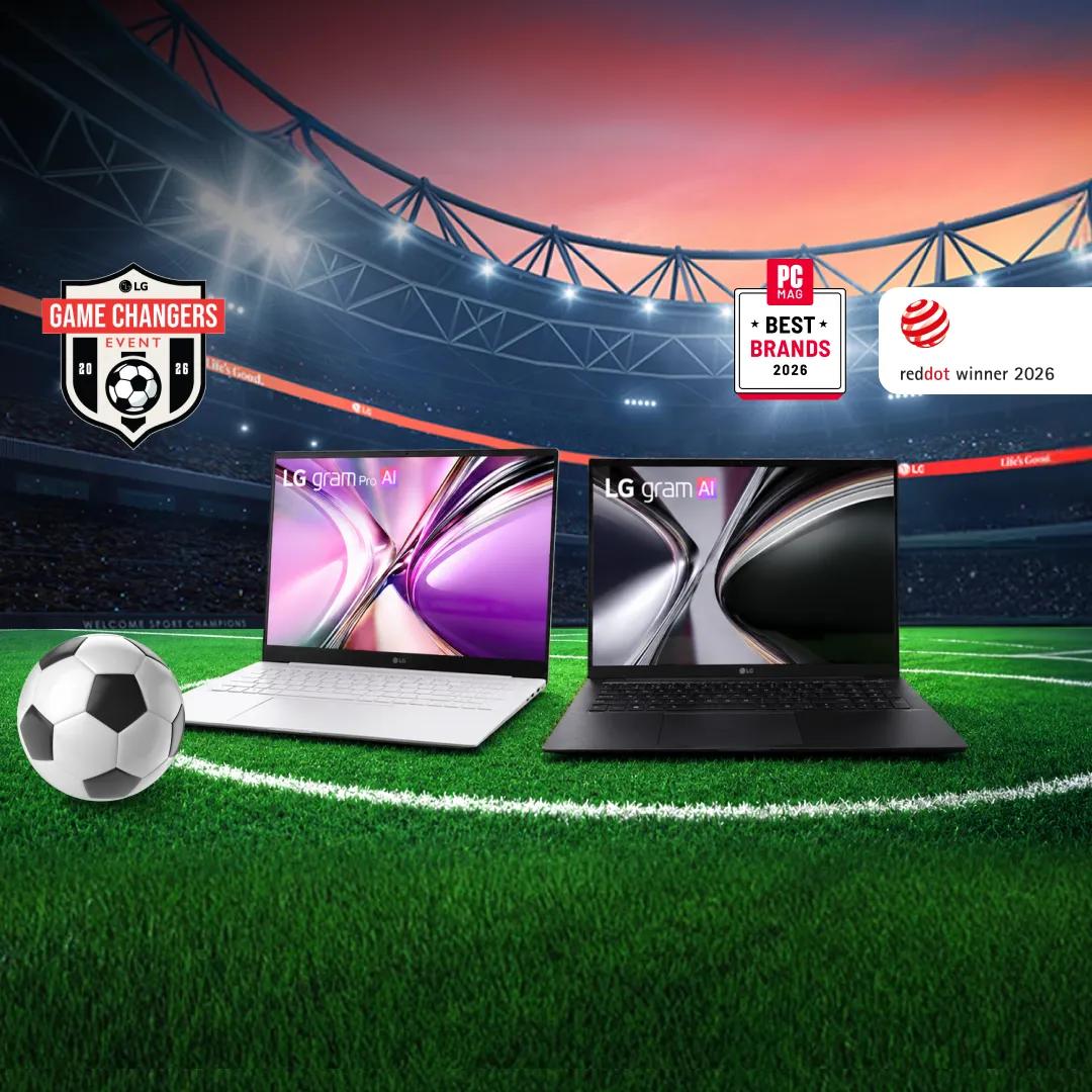 “Game Changers Event 2026” title badge. Two LG gram Laptops appear on the field withing a soccer stadium. “PC Mag Best Brands 2026” and “Reddot Winner 2026” badges appear beside the image. There is also a soccer ball on the field.