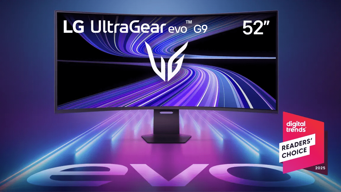UltraGear evo G9 monitor on futuristic background. “Digital Trends Readers’ Choice 2025” badge.