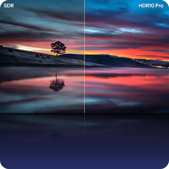 Side-by-side comparison of SDR and HDR10 Pro image quality, showing a sunset scene with richer color and contrast on the HDR10 Pro side.