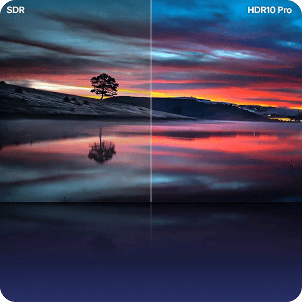 Side-by-side comparison of SDR and HDR10 Pro image quality, showing a sunset scene with richer color and contrast on the HDR10 Pro side.