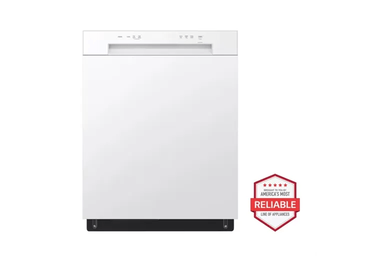 A front-facing image of an LG LDFC2423W front control dishwasher next to a red "Brought to you by American's Most Reliable Line of Appliances" badge.
