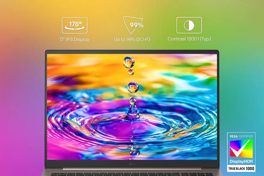 LG Gram 17Z90UB-H 17-Inch laptop display showing vibrant water droplet splash with 178° IPS Display, 99% DCI-P3, and 1200:1 contrast ratio features