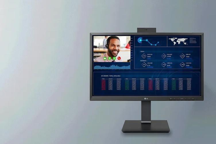 LG All in One Cloud Thin Client monitor on a grey background.