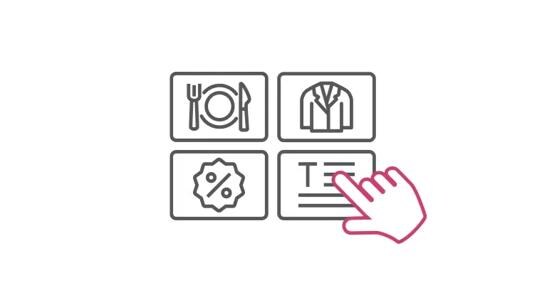 Grid of four icons depicting dining, clothing, discounts, and text, with a hand pointing to the text icon.