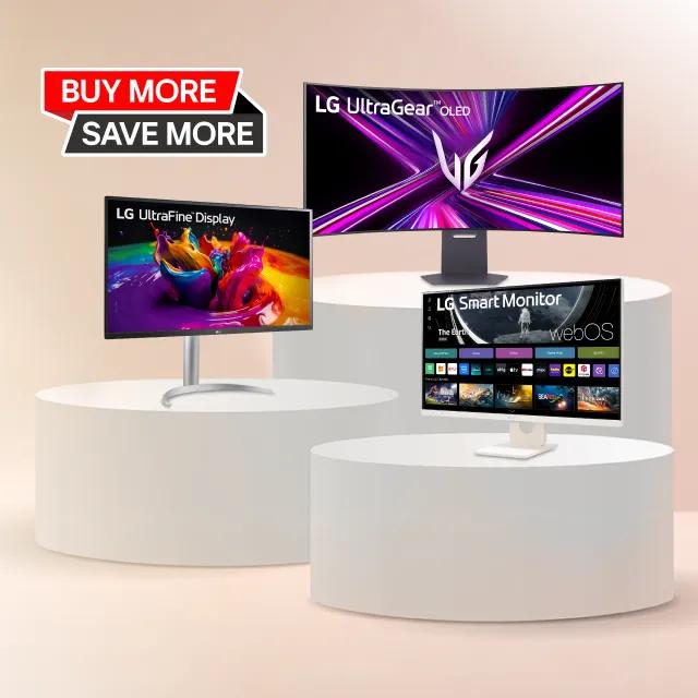 “Buy More Save More” title badge. A group of monitors appear side-by-dide.