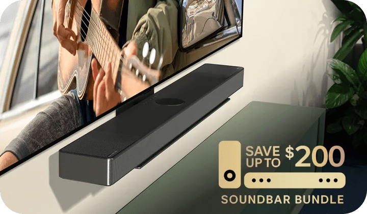 Wall-mounted TV showing a person playing guitar above a sleek LG soundbar, with a promo badge reading “Save up to $200” on a soundbar bundle offer.