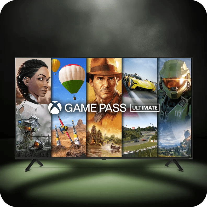 An LG TV displays a gallery of video game images and the Xbox Game Pass Ultimate logo.