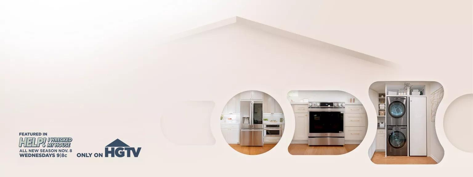 LG STUDIO refrigerator, oven, and stackable washer dryer, as featured on HGTV.