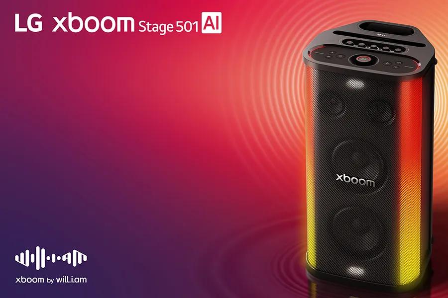 LG xboom Stage 501 AI STAGE501_AUSALBK Party Speaker with colorful LED lighting and control panel on vibrant gradient background