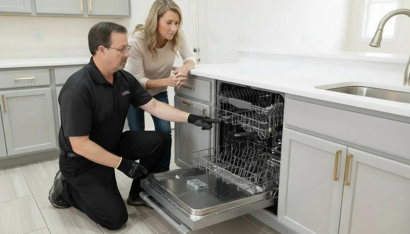 An LG service professional kneeling in a kitchen pointing out internal components of an open LG dishwasher to a female customer.