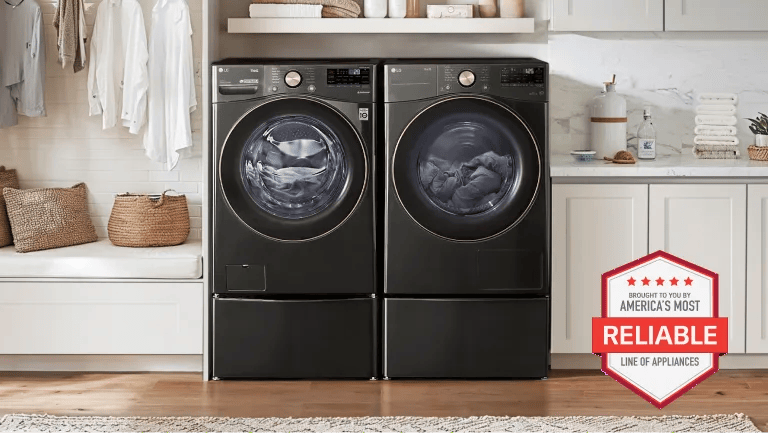 LG front-load washer and dryer bundle with pedestal bases in a laundry room setting, with brought to you by America's Most Reliable Line of Appliances badge