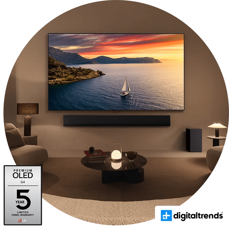 Wall-mounted TV in a living room. Premium OLED G4 5 Year Limited Panel Warranty badge. Digital Trends logo.