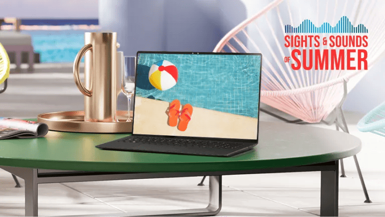 “Sights and sounds of summer” title . LG gram laptop on a poolside table. 