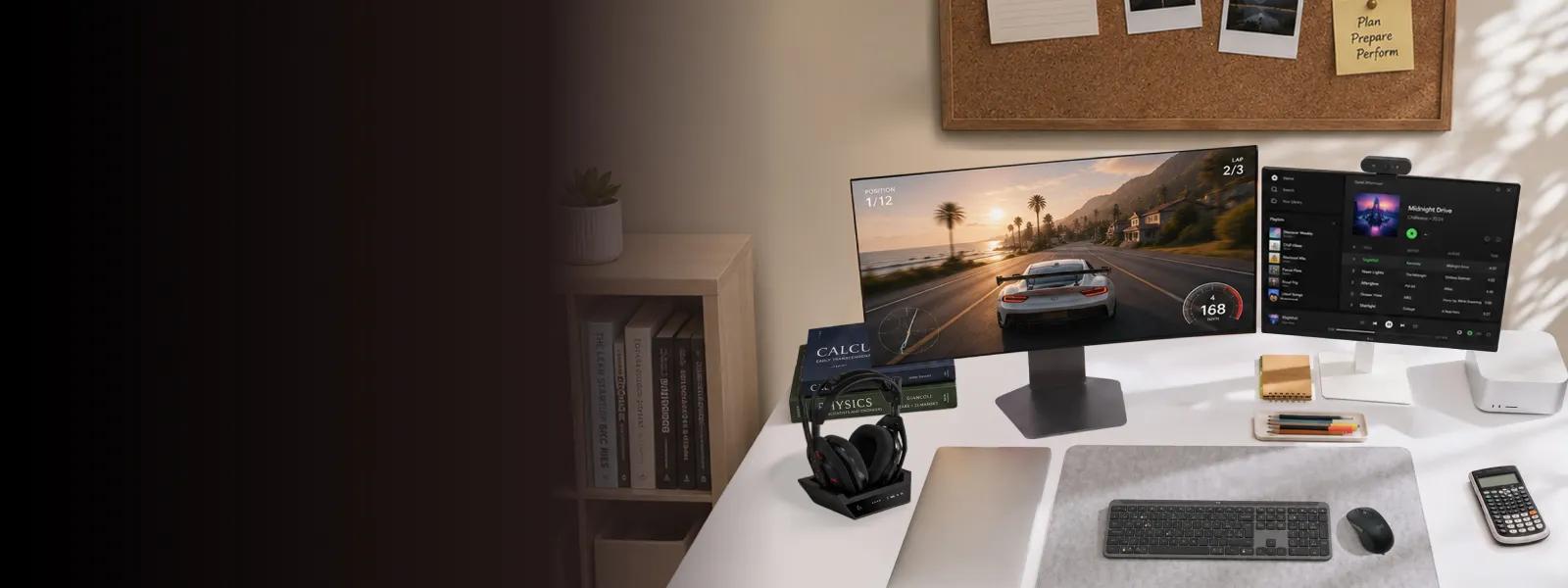 Back to School multi-monitor desk setup featuring two LG monitors on a white desk — the left monitor displaying a racing game and the right monitor showing a music streaming app — alongside a headset on a stand, textbooks, keyboard, mouse, and calculator, with a cork bulletin board on the wall behind reading "Plan Prepare Perform"