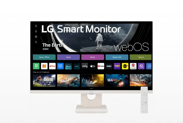 LG Smart Monitor 32SR53FS-W on white background with remote displays webOS interface.