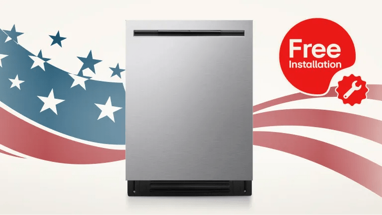 LG Dishwasher on a stars and stripes background. “Free Installation” pop-out text. “America’s Most Reliable Line of Home Appliances” badge. 