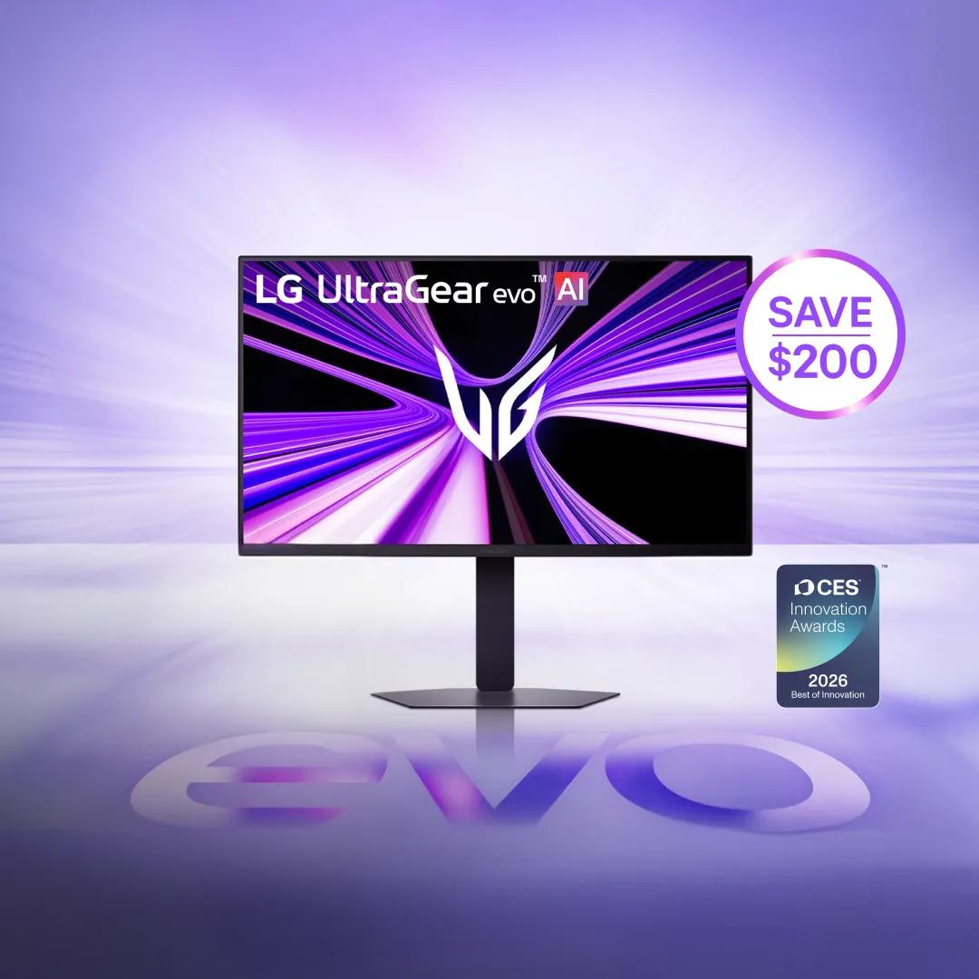 LG UltraGear evo AI gaming monitor on a purple gradient background with "evo" reflected below, SAVE $200 promotional callout, and CES Innovation Awards 2026 Best of Innovation badge.