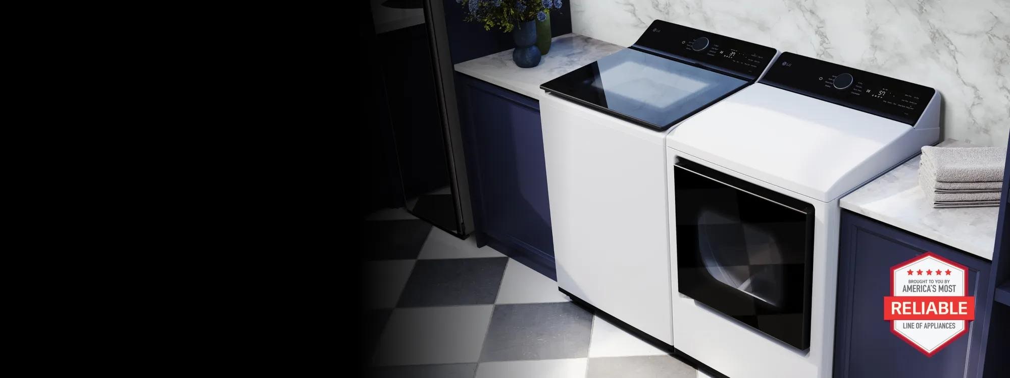 LG top load washer and dryer pair in a laundry room with marble countertops and checkered tile flooring, with brought to you by America's Most Reliable Line of Appliances badge